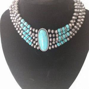 Western Layered Faux Turquoise Beaded Choker Necklace
